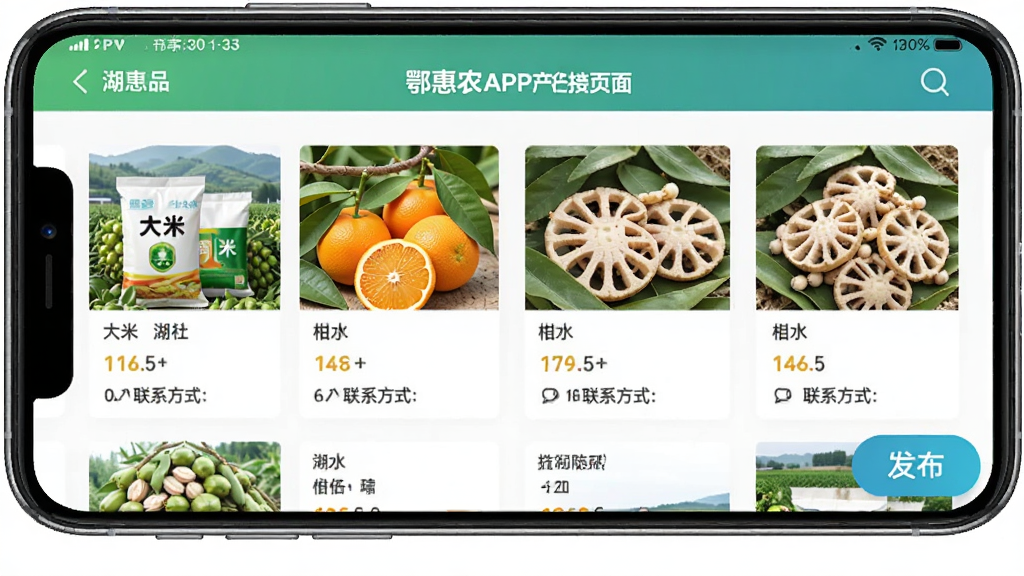 ����ũAPPũ��Ʒ�����Խ�ҳ�棬�ֻ���Ļչʾ����ũ��Ʒ������Ϣ�б����������ס����١���ź�Ⱥ�����ɫũ��Ʒ��ÿ����Ϣ���в�ƷͼƬ���۸����ϵ��ʽ��ҳ��ײ��з�����ť��������Ƽ��ʵ�ã������������޶���Ԫ��