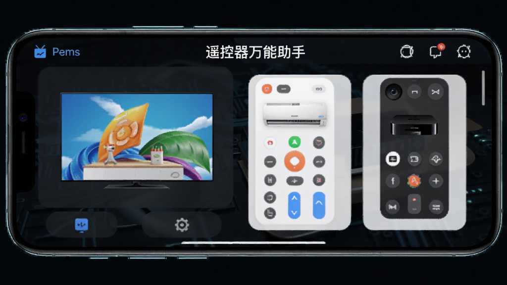 一部手机横屏展示“遥控器万能助手”App的多设备管理界面,屏幕上同时显示电视、空调、机顶盒三个遥控面板,界面布局清晰,背景为深色科技风格,画质细腻,无多余装饰元素