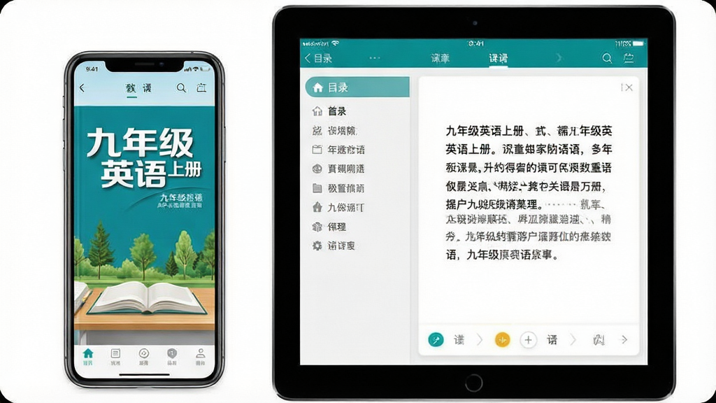 һ��չʾ���꼶Ӣ���ϲ�APP��������ֻ���ƽ����Բ���չʾͼ����Ļ��������ʾ�α����桰���꼶Ӣ���ϲᡱ������ҳ�沼�����࣬���ΪĿ¼���������Ҳ�Ϊ���ĵ�������������������죬������Ӧ�ý�����ƣ�ϸ�ڷḻ�������������ɾ��޶���Ԫ��