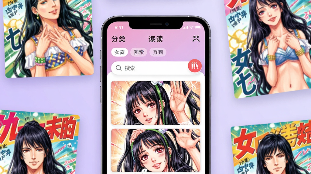 �����������ֻ���ĻչʾŮ������APP���棬��Ļ�г�������ʽ�����Ķ�ҳ�棬��Χ���ƶ౾��ɫ�������棬����Ϊ����ɫ���䣬��������ִ���ϸ�ڰ��������ǩ�������������ͼ�꣬���ʸ���ɾ����޶���Ԫ��