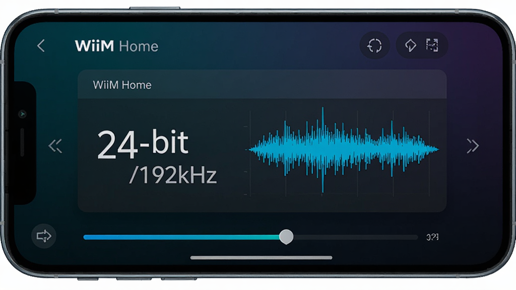 WiiM Home �߽�����Ƶ֧�ֽ���ͼ������չʾ�ֻ���Ļ�ϵ���Ƶ��ʽ������壬��ʾ 24-bit/192kHz �������Ա��в���ͼ��������������ɫ���䣬ͻ���Ƽ��к����ʴ����У�ϸ�ڰ���������ǩ�����ζ����ͽ������������������ɾ����޶���Ԫ��
