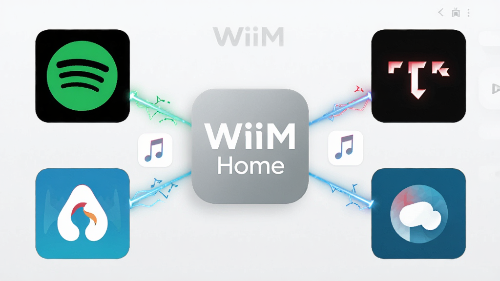 WiiM Home ��ý��ƽ̨����ʾ��ͼ������������ WiiM Home Ӧ��ͼ�꣬��Χ������ Spotify��Tidal��AirPlay ���������ַ���ı�־��ͨ���������ӣ�����Ϊǳɫ�����ϸ�ڰ�����ƽ̨ͼ�ꡢ�����ߺ�Ӧ�ý��棬�����������ɾ����޶���Ԫ��