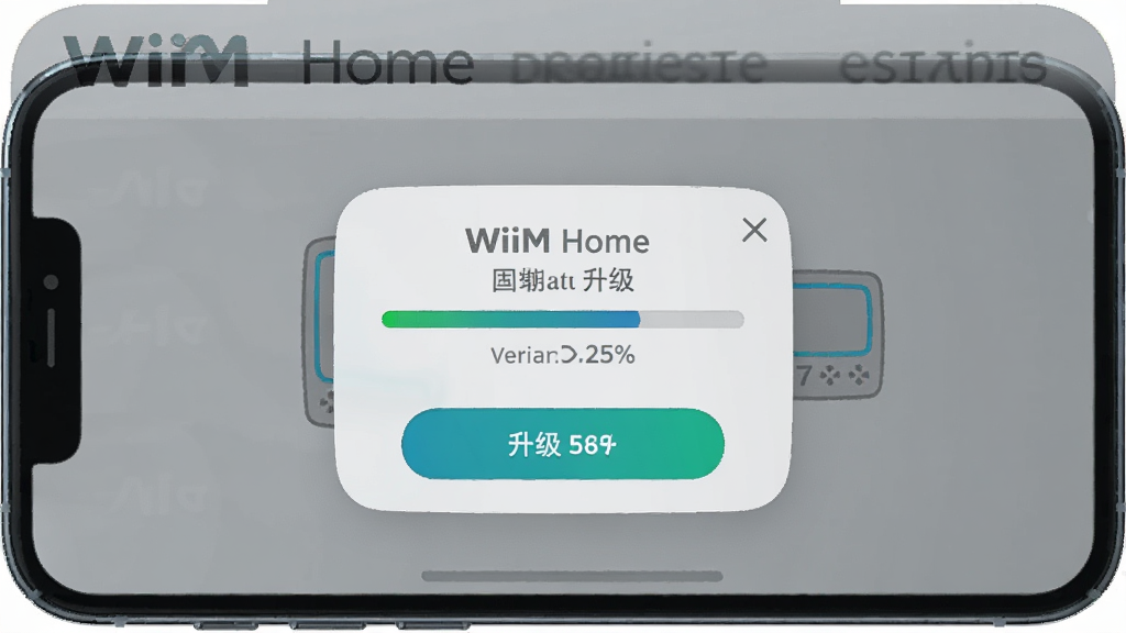 WiiM Home �̼���������ͼ������չʾ�ֻ���Ļ����ʾ�̼�������ʾ���������н������Ͱ汾�ţ������Ǽ��Ļ�ɫ����ϸ�ڰ���������ť�����ȰٷֱȺ��豸ͼ�꣬�����������ɾ����޶���Ԫ��