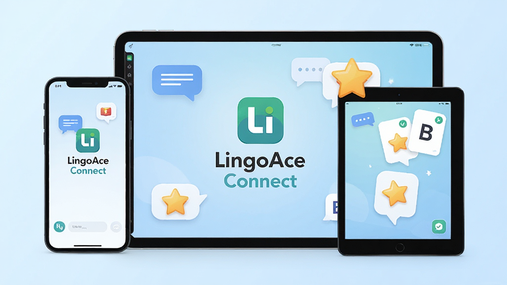 һ��չʾLingoAce Connect����������ֻ���ƽ���������ͼ����������������Logo�����ơ�LingoAce Connect������Χ����������Ӣ��ѧϰ��ص�Ԫ�أ���Ի����ݡ���ĸ��Ƭ�����ǽ���ͼ�꣬����Ϊ��͵�ǳ��ɫ���䣬���ּ�����������Ϊ��ƽ���ִ��Ƽ��磬ϸ�ڰ���Բ��ͼ��������������Ű棬���ʸ��壬����ɾ����޶���Ԫ��