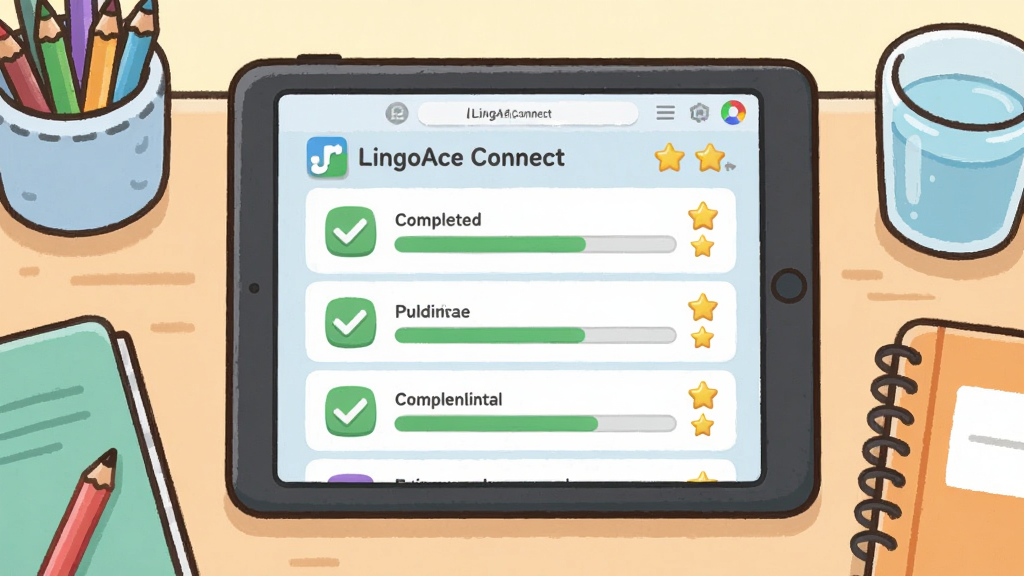 һ��չʾLingoAce Connect��ҵ��������Ĳ�ͼ������������һ����ͨ�������������Ϸ���ƽ����ԣ���Ļ����ʾ��LingoAce Connect������ҵ�б�����ɽ��������Ա��д򹴵�ͼ������ǽ���������Ϊ����չʾ�����Ϊ���½����廭�磬ϸ�ڰ�����ɫǦ�ʡ��ʼǱ���һ��ˮ�����ʸ��壬����ɾ����޶���Ԫ��