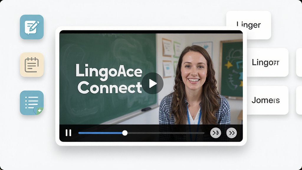 һ��չʾLingoAce Connect�γ̻طŹ��ܵĽ���ͼ������������һ����Ƶ���������ڣ���������ʾ��LingoAce Connect���Ŀγ̻������ʦͷ�񣬲������·��н������ͱ��ٰ�ť����Χ�����űʼ�ͼ��͵��ʿ�Ƭ������Ϊ���½ṹ�����Ϊ�ִ���ԼUI�磬ϸ�ڰ�����͵���Ӱ��������ͼ�꣬���ʸ��壬����ɾ����޶���Ԫ��