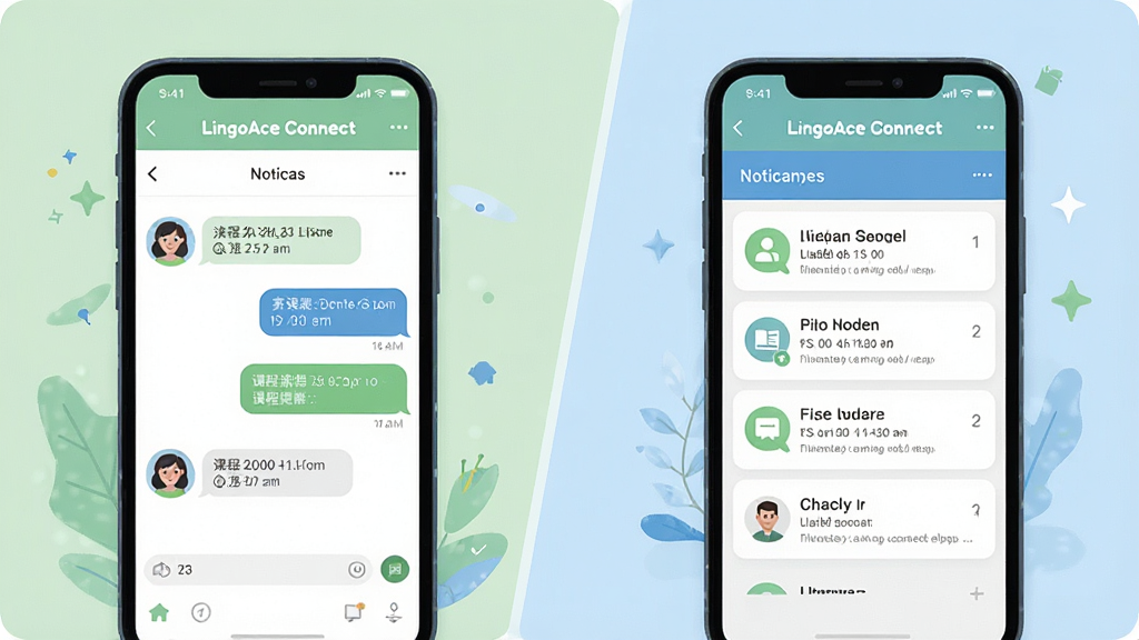 һ��չʾLingoAce Connect��У��ͨ����Ĳ�ͼ�����������������ֻ�����Ļ�Ϸֱ���ʾ��LingoAce Connect�������촰�ں�֪ͨ�б������촰��������ʦͷ�����Ϣ���ݣ�֪ͨ�б����пγ�����ͼ�꣬����Ϊ���ҶԱȣ����Ϊ��ƽ���罻Ӧ�÷磬ϸ�ڰ�����͵���ɫ����ɫ��ɫ�����ʸ��壬����ɾ����޶���Ԫ��