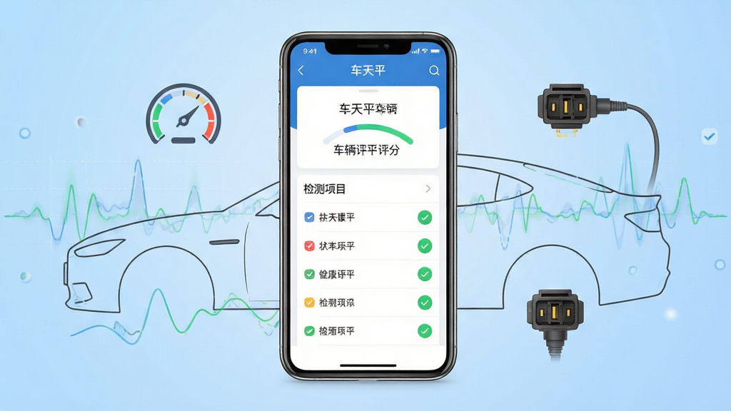 车天平软件主界面展示图,画面中央放置一部智能手机,屏幕上显示车天平车辆检测应用的主页面,页面包含车辆健康评分、检测项目列表与状态图标,手机两侧环绕汽车轮廓线稿与数据波形元素,背景为浅蓝渐变科技风格,布局简洁清晰,排版上下结构,风格现代简约,细节包含仪表盘图标、OBD接口示意图、绿色对勾标识,画质高清,干净,无多余元素
