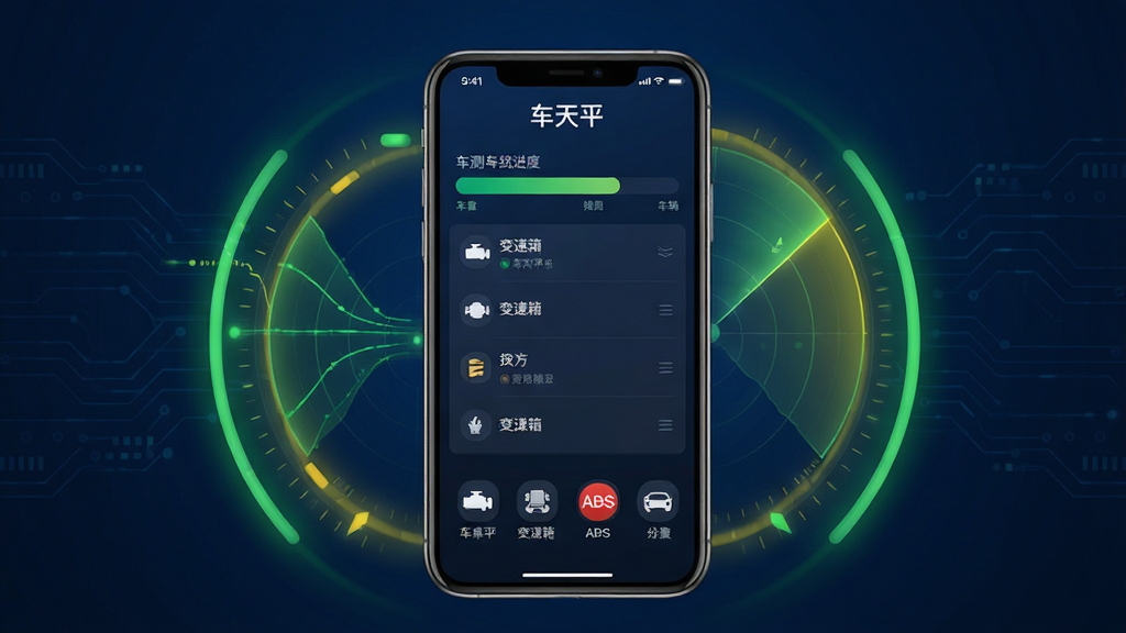 车天平车辆健康扫描功能界面图,画面中央展示手机屏幕上的检测进度条与车辆系统列表,屏幕上方显示车天平软件名称,屏幕下方排列发动机、变速箱、ABS等图标,手机周围环绕绿色与黄色状态光圈,背景为深蓝科技风格,布局居中对称,排版清晰,风格专业简洁,细节包含数据流动线条、雷达扫描动画效果,画质高清,干净,无多余元素