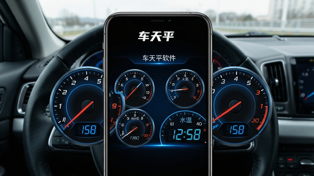 车天平实时数据流监控界面图,画面中央展示手机屏幕上的仪表盘与数字读数,屏幕上方显示车天平软件名称,屏幕内包含转速表、水温表、车速数字,手机背景为汽车驾驶舱视角,布局环绕式仪表排列,排版动感清晰,风格科技运动,细节包含指针仪表、数字跳动效果、蓝色背光,画质高清,干净,无多余元素