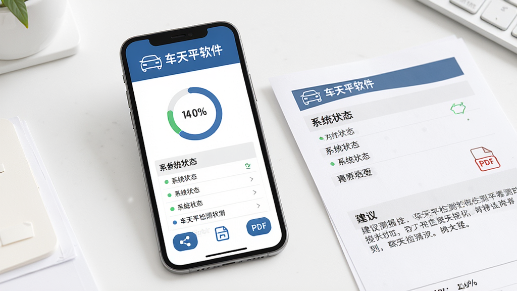 车天平检测报告生成界面图,画面中央展示一份手机屏幕上的检测报告文档,报告顶部显示车天平软件名称与车辆图标,报告内包含评分圆环、系统状态列表与建议文字,手机旁边放置打印出来的报告纸张,背景为白色办公桌面风格,布局上下结构,排版正式整洁,风格商务专业,细节包含分享按钮、保存图标、PDF文档标识,画质高清,干净,无多余元素