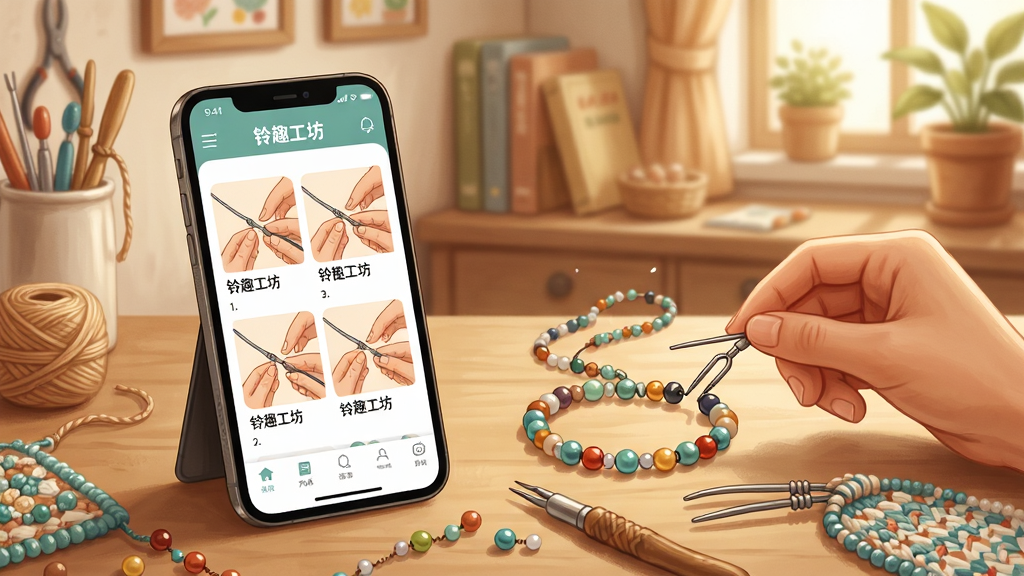 一幅手工教程学习场景的插画,画面中一部手机立在桌面上,屏幕显示“铃趣工坊”应用中的分步教程页面,旁边摆放着正在制作中的串珠手链和编织工具,背景是温馨的居家手工角,风格写实温馨,细节精致,画质清晰干净,无多余元素