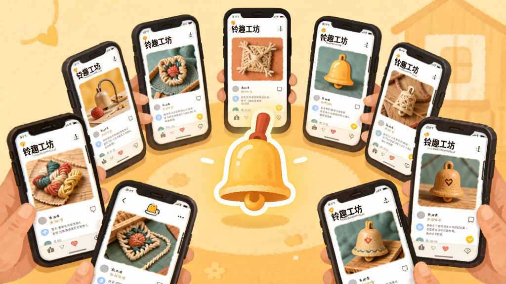 一幅社区互动场景的插画,画面中多部手机围成半圆,屏幕分别显示“铃趣工坊”作品社区中的不同手工作品图片和点赞评论界面,中间有一个发光的铃铛图标,背景为柔和的暖色调,风格活泼友好,细节生动,画质清晰干净,无多余元素