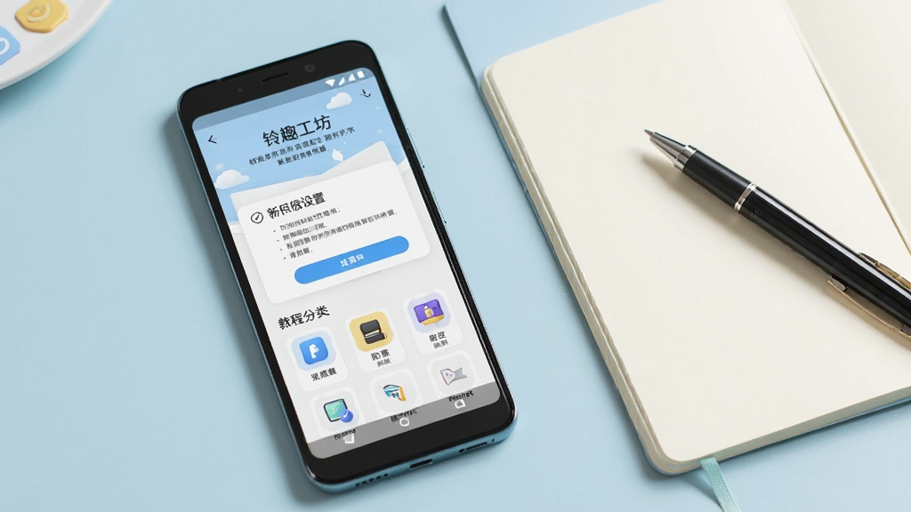 一部安卓手机屏幕上显示“铃趣工坊”应用的新手引导页面,页面包含权限设置提示和教程分类图标,手机旁有一本翻开的笔记本和一支笔,背景为淡蓝色桌面,风格简洁清新,细节清晰,画质干净,无多余元素