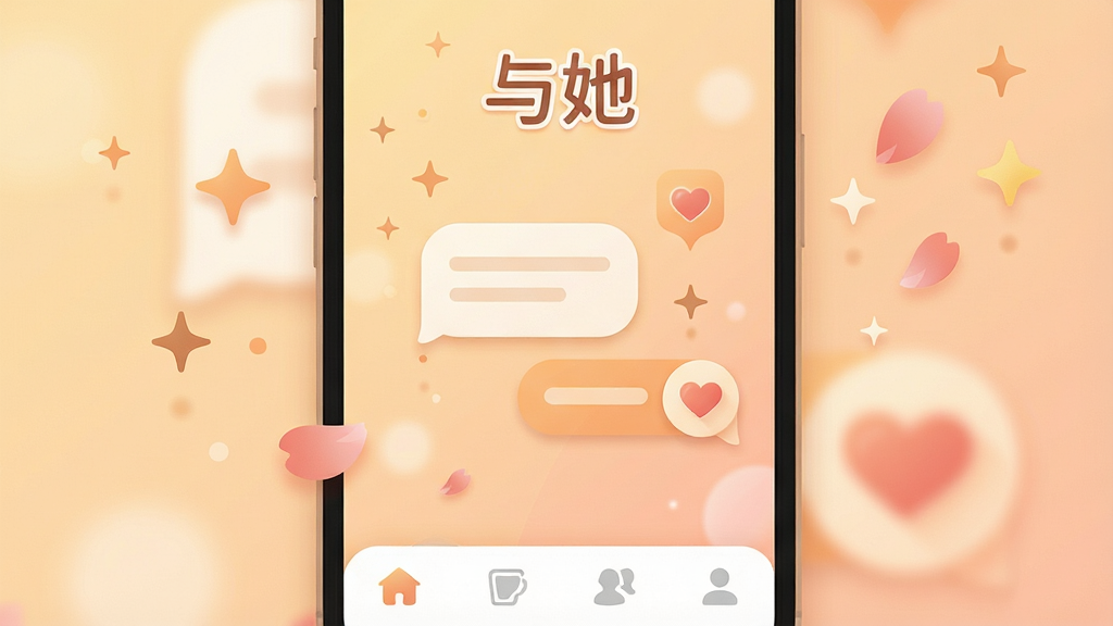 手机屏幕中央显示一款名为「与她」的社交应用界面,界面采用柔和的暖色调渐变背景,顶部有「与她」文字标识,中间是圆润的聊天气泡和心形图标,底部导航栏清晰,四周有漂浮的星光和花瓣装饰,布局为居中展示手机正面,风格为温馨治愈的扁平化插画,细节包括柔和的阴影和细腻的纹理,画质清晰干净,无多余元素