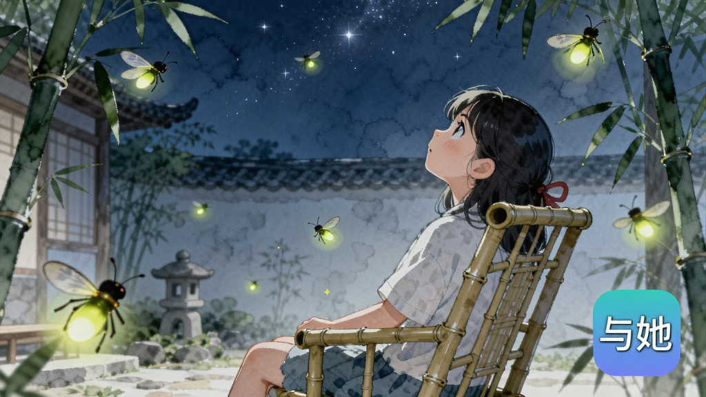 夜晚宁静的庭院场景,一位女孩坐在竹椅上仰望星空,周围有萤火虫飞舞,画面右下角有「与她」应用的小图标,布局为远景与近景结合,风格为唯美水彩插画,细节包括萤火虫的光晕和竹叶的纹理,画质细腻干净,无多余元素