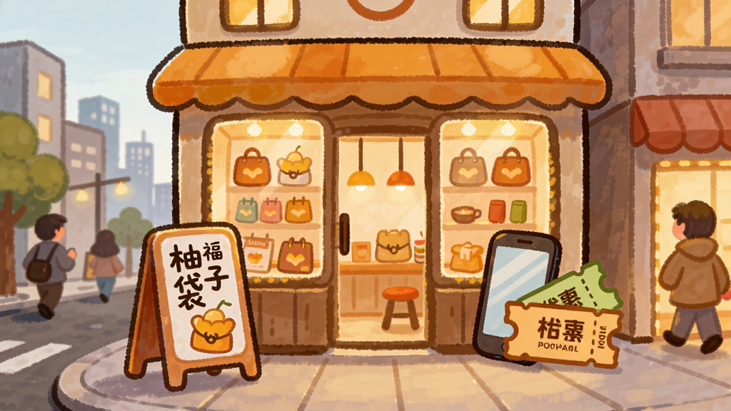 主体是一个城市街景的插画,画面中央有一家亮着灯的店铺,店铺门口立着一个写着“柚子福袋”的指示牌,旁边有手机和优惠券的图标。布局为前景店铺、背景城市。风格为卡通手绘,色彩温暖。细节上,店铺橱窗里展示着商品,路上有行人。画质清晰,干净,无多余元素。