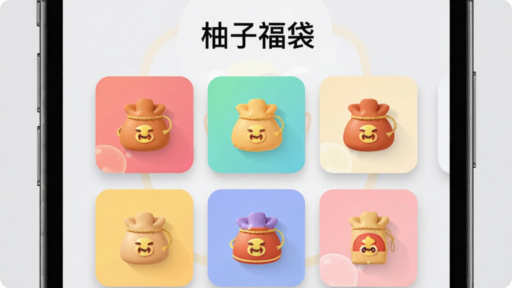 主体是手机界面截图风格,屏幕上方显示“柚子福袋”字样,下方是网格状排列的彩色福袋卡片,每张卡片上有不同的商品小图。布局为上下结构,排版整齐。风格为现代UI设计,色彩清新明快。细节上,卡片带有轻微阴影,背景为浅灰色。画质清晰,干净,无多余元素。