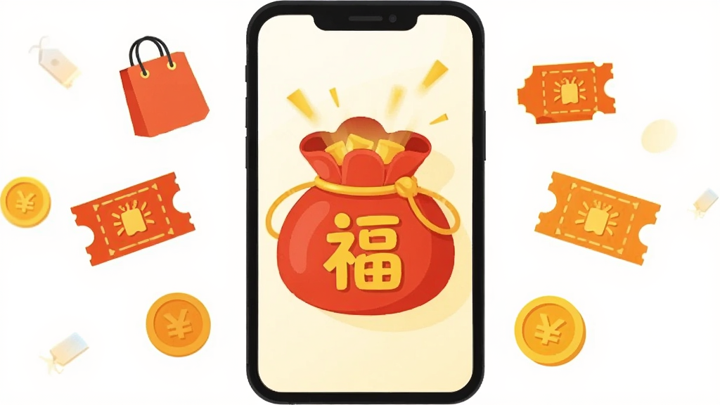 主体是一个明亮的手机屏幕,屏幕中央显示一个红色的福袋图标,周围环绕着购物袋、优惠券和金币等小图标。布局采用中心对称,排版简洁。风格为扁平化插画,色彩温暖鲜艳。细节上,福袋口微微打开,露出金色的光芒。画质清晰,干净,无多余元素。