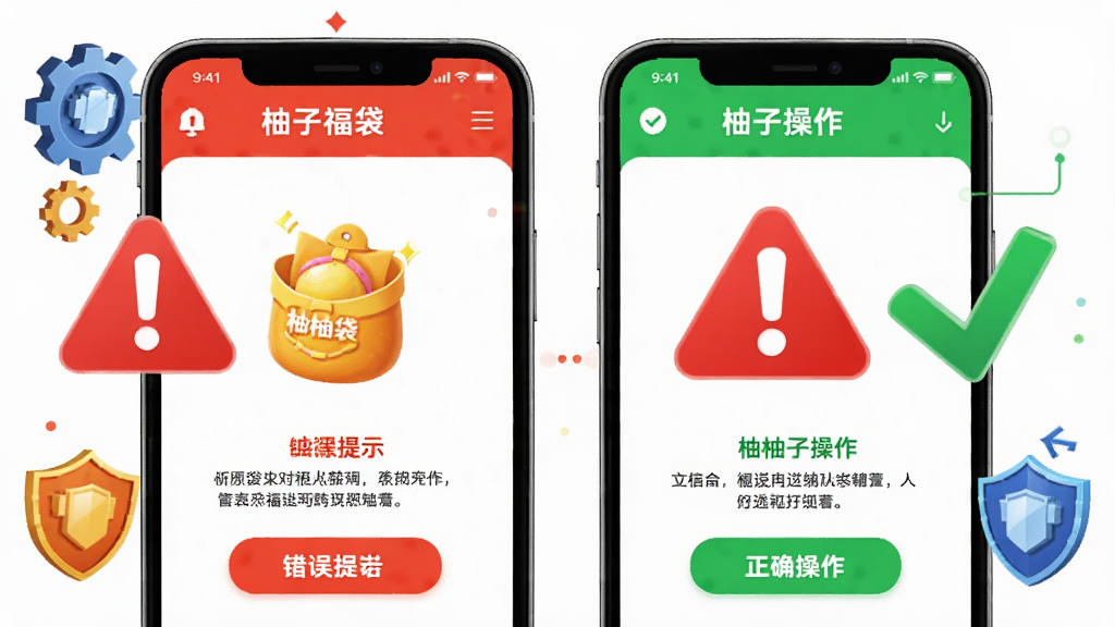 主体是一个手机屏幕,屏幕上显示“柚子福袋”应用界面,旁边有一个红色的警告标志和绿色的对勾标志。布局为左右对比,左边是错误提示,右边是正确操作。风格为信息图表,色彩对比鲜明。细节上,手机周围有齿轮和盾牌图标。画质清晰,干净,无多余元素。