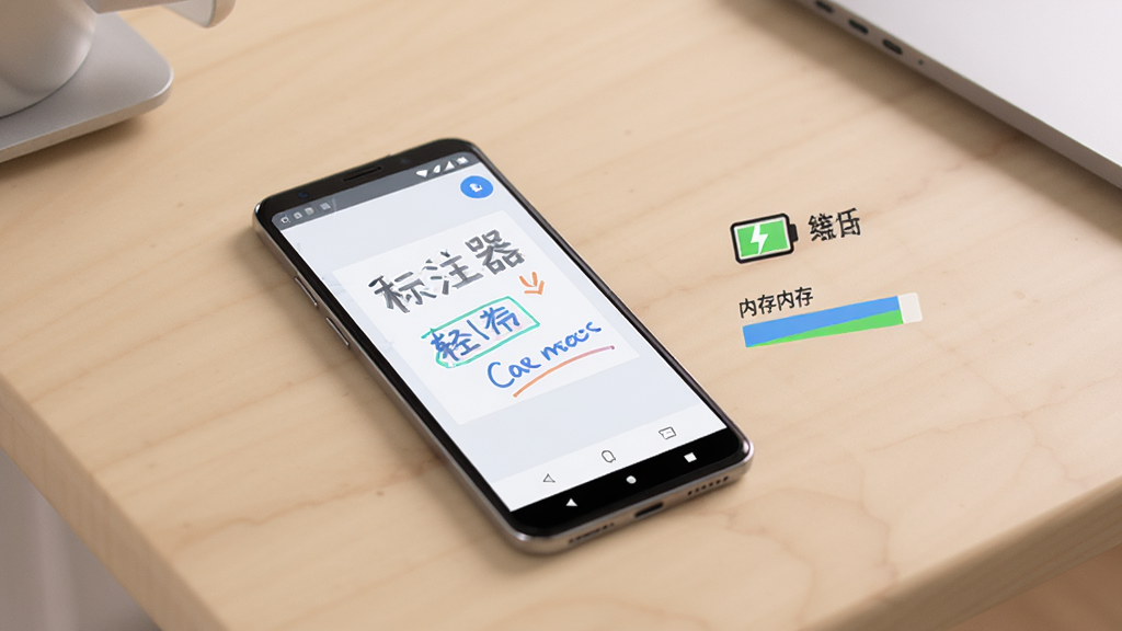 白板标注器轻量运行低耗电功能展示图,画面中一部安卓手机放置在桌面上,屏幕显示白板标注器正在运行,旁边有电量图标和内存占用指示条,整体色调柔和,风格简约科技感,画质清晰,无多余元素。
