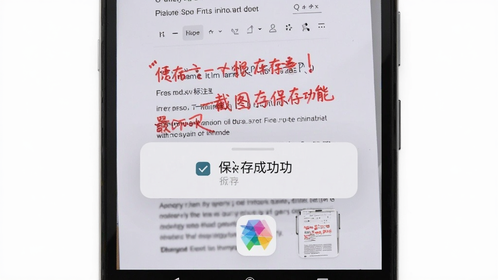 白板标注器一键截图与保存功能展示图,画面中一部安卓手机屏幕显示着带有红色标注的文档页面,屏幕下方弹出保存成功的提示框,相册图标旁边显示最新保存的标注截图缩略图,整体布局简洁,风格生活化,画质干净,无多余元素。