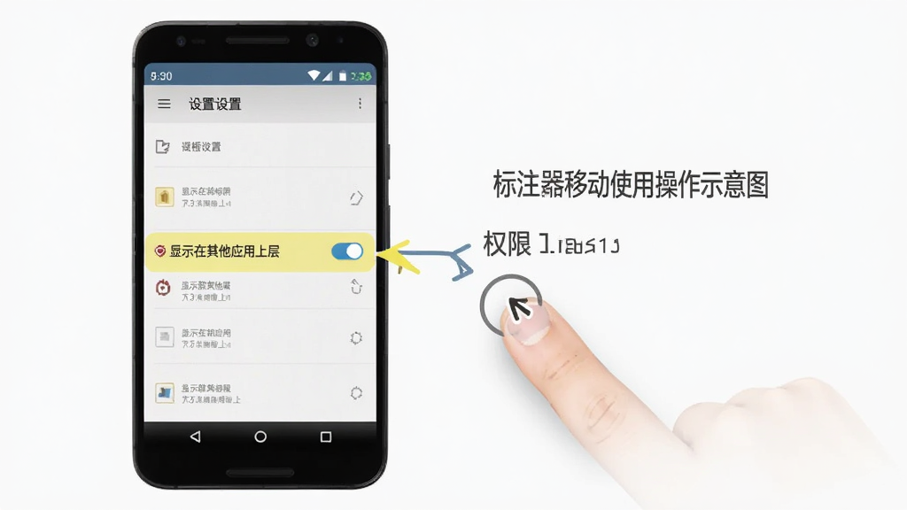 白板标注器移动端使用操作示意图,画面中一部安卓手机竖屏显示设置界面,高亮标注了「显示在其他应用上层」权限开关,旁边有手指点击操作的示意,背景简洁,风格教程化,画质清晰,无多余元素。