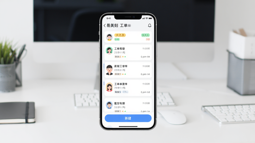 一张展示易美刻移动端主界面的预览图,画面中央是手机屏幕,屏幕内呈现工单列表与新建按钮,背景是简洁的办公桌面,布局采用居中构图,风格为现代扁平化UI展示,细节包含状态标签、时间戳、头像图标,画质清晰,干净,无多余元素