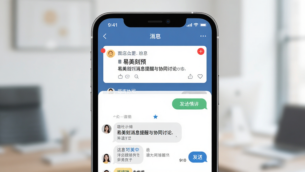 一张易美刻消息提醒与协同讨论界面的预览图,画面主体是手机屏幕,屏幕内显示通知卡片与评论区,布局为上下分区,风格为社交化办公设计,细节包含红点角标、聊天气泡、发送按钮,画质清晰,干净,无多余元素
