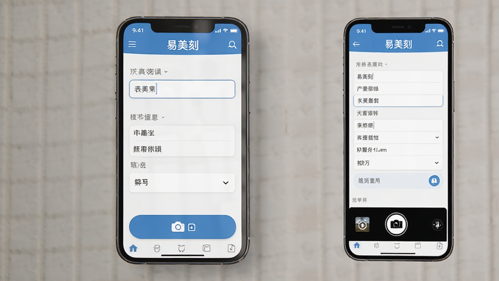 一张易美刻新建工单界面的预览图,画面主体是手机屏幕,屏幕内显示表单字段与拍照按钮,布局为上下结构,风格为清爽移动端设计,细节包含输入框、下拉选项、图标按钮,画质清晰,干净,无多余元素