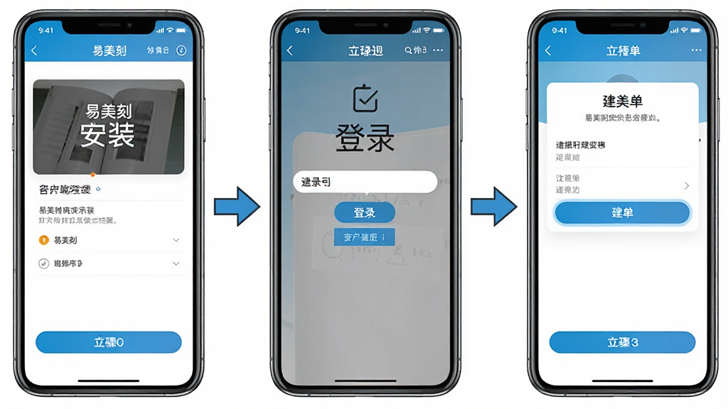 一张易美刻移动端操作步骤示意图,画面主体是三部手机并排展示,分别呈现安装、登录、建单三个界面,布局为横向排列,风格为教程图解,细节包含箭头指引、步骤编号、高亮按钮,画质清晰,干净,无多余元素