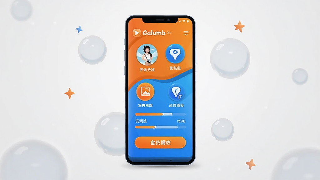 �����������һ��������׿�ֻ����ֻ���Ļ����ʾ Galumb Ӧ�õ������棬��������������ɫ��Ϊ��������Բ��ͼ���������Ԫ�أ��ֻ���Χɢ�伸����͸��������������װ�Σ�����Ϊ�ɾ���ǳ�ҽ��䣬������ñ�ƽ�廭��񣬲��־��жԳƣ�ϸ����ͻ��Ӧ��ͼ��ͽ��水ť�����������ɾ����޶���Ԫ��