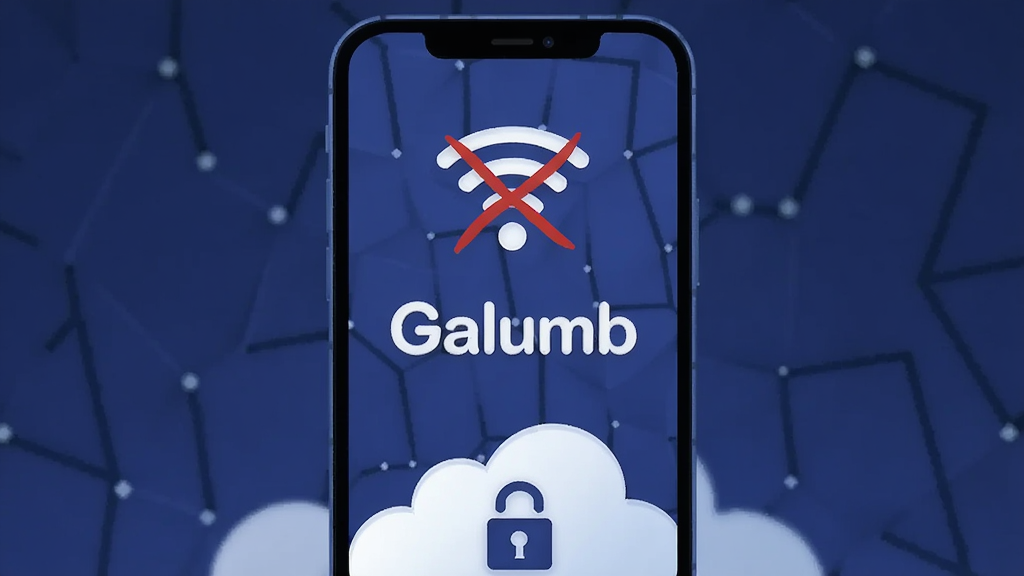 һ���ֻ�����������ɫ�������룬��Ļ��ʾ Galumb ������ģʽ���棬�Ϸ���һ������ Wi-Fi ͼ���ʾ�����磬�ֻ��·����ƶ������ͼ�η��ţ�������Ϊ�Ƽ��б�ƽ�廭����ͼ���У����ʸɾ��������޶���װ��Ԫ��