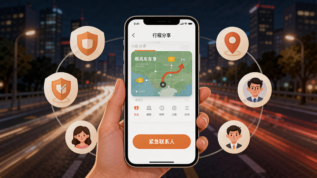 һ��չʾ˳�糵�������а�ȫ�г̱��Ϲ��ܵ�AI��ͼ������������һ���ֻ���ʾ�г̷��������������ϵ�˰�ť������Ϊҹ����е�·�복�ƹ켣������Ϊ�ֻ����мӰ�ȫͼ�껷�ƣ����Ϊ��ů��ȫ�в廭��ϸ�ڰ�������ͼ�ꡢ��λ��ǡ���ϵ��ͷ�񣬻��ʸ���ɾ��޶���Ԫ��