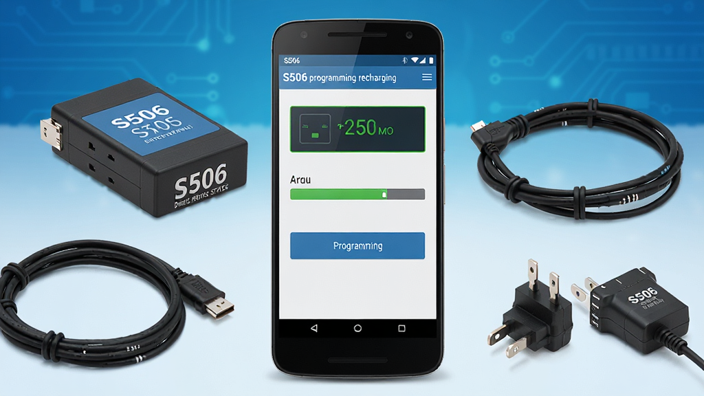 һ��չʾS506 programming recharging����������ĳ���ͼ������������һ̨��׿�ֻ�����Ļ����ʾ�������Ĳ������棬�����а����豸����״̬�����������ͱ�̰�ť��Ԫ�أ��ֻ���Χ������S506ϵ��Ӳ���豸�������ߺͳ���ͷ������Ϊ���ĿƼ�������ɫ����������ɾ�רҵ��ϸ�����������ʸ��壬�޶���Ԫ��