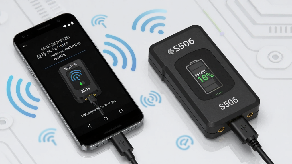 һ��չʾS506 programming recharging�豸����ʶ���ܵ�ʾ��ͼ��������һ����׿�ֻ�ͨ��������������һ̨S506�豸���ֻ���Ļ����ʾ�豸��ʶ���ͺ���Ϣ�͵����ٷֱȣ���Χ���źŲ��ƺ�����ͼ�꣬����Ϊǳ��ɫ�Ƽ���񣬲���������ϸ�ڷḻ�����ʸɾ����޶���Ԫ��