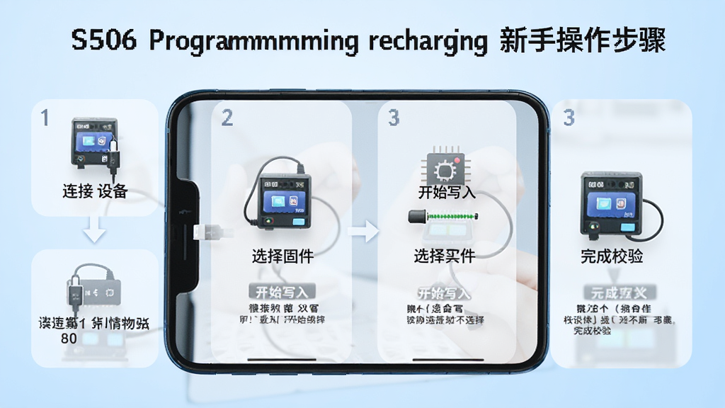 һ��չʾS506 programming recharging���ֲ��������ʾ��ͼ���������ֻ���ĻΪ���ģ��ֲ���չʾ�����豸��ѡ��̼�����ʼд������У���ĸ����ڣ�ÿ���������м��ͼ�������˵��������Ϊǳ��ɫ���䣬��������׶�������������ϸ�ڷḻ�����ʸɾ����޶���Ԫ��