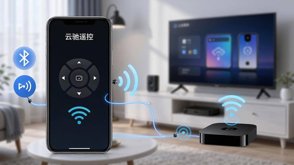 �������Ƴ�ң������չʾ������WiFi˫ģ���ƹ��ܣ��ֻ���Ļ��ʾ�豸����״̬���ź�ͼ�ꣻ����Ϊ�ֻ�����ӡ�������֮���������ź������ӣ��Ű��࣬�������ơ��Ƴ�ң�ء�����Ļ�Ϸ������Ϊ�Ƽ��������ܼҾӳ�����ϸ�ڰ�������ͼ�ꡢWiFi���š��豸���Ӷ��������ʸ��壬�ɾ����޶���Ԫ��