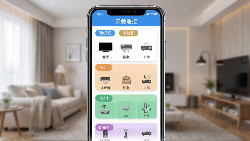 �������Ƴ�ң�������Ķ��豸����������棬չʾ���������ҡ��鷿�ȷ����ǩ�Ͷ�Ӧ�豸ͼ�ꣻ����Ϊ�б��뿨Ƭ��ϣ��ֻ���Ļ���У��Ű����룬�������ơ��Ƴ�ң�ء��ڶ��������Ϊ���ܼҾӹ���Ӧ�ã�ϸ�ڰ������ӡ��յ���ͶӰ��ͼ��ͷ�����ɫ��ǩ�����ʸ��壬�ɾ����޶���Ԫ��