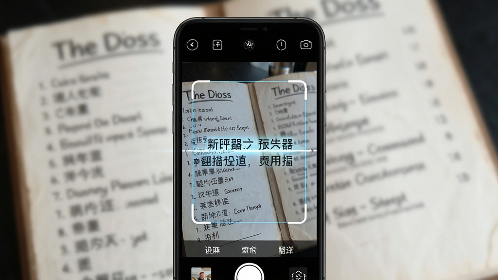 翻译器拍照扫描翻译功能展示图,主体为手机摄像头对准一份英文菜单,屏幕中菜单上的英文被实时替换为中文译文,布局为手机居中、菜单背景虚化,排版突出屏幕内容,风格为科技感写实,细节包括扫描框、文字替换动画、光线反射,画质高清,画面干净,无多余元素