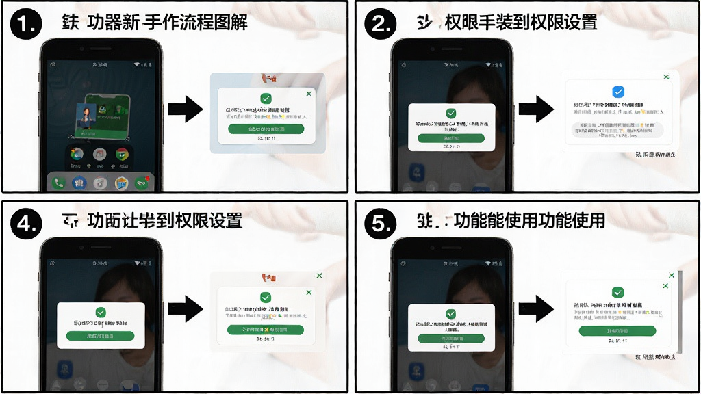 翻译器新手操作流程图解,主体为手机屏幕展示从下载安装到权限设置再到功能使用的分步截图,布局为四格漫画式排版,风格为简洁教程风,细节包括步骤编号、箭头指引、权限弹窗示意,画质高清,画面干净,无多余元素