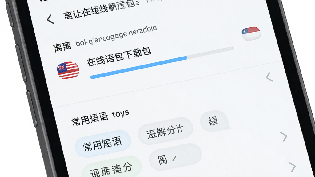 翻译器离线翻译与词库功能示意图,主体为手机屏幕显示离线语言包下载列表和常用短语分类,布局为列表式排版,风格为清新浅色UI,细节包括下载进度条、语言国旗图标、分类标签,画质高清,画面干净,无多余元素
