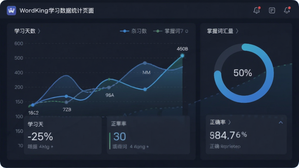 ������WordKingѧϰ����ͳ��ҳ�棬����Ϊ���½ṹ���Ű��������ͼ�ͻ��ν���ͼ�����Ϊ���ݿ��ӻ��Ǳ��̷��ϸ�ڰ���ѧϰ���������մʻ�������ȷ�ʰٷֱȣ����ʸ���ɾ��޶���Ԫ��