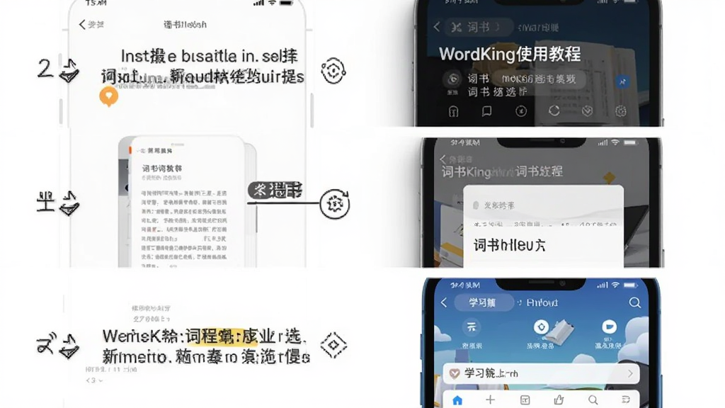 �������ֻ���Ļ��ʾWordKingʹ�ý̳̲���ͼ������Ϊ�ֲ�չʾ���Ű���ϵ����������У����Ϊ���ͼ�Ľ̷̳��ϸ�ڰ�����װ���桢����ѡ��ҳ��ѧϰ�����ͼ�����ʸ���ɾ��޶���Ԫ��