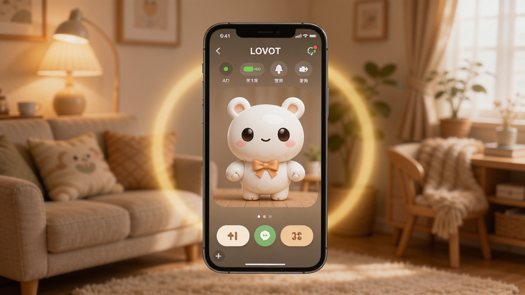 LOVOT�ֻ�Ӧ��������չʾ������������һ�������ֻ�����Ļ��ʾ�ɰ���LOVOT����������ͻ�����ť����Χ�������ůɫ�����Σ�����Ϊ��ܰ�Ҿӻ��������ּ�������������ů������ϸ�ڰ��������˱��顢״̬ͼ��ͻ���ģ�飬���廭�ʣ��ɾ��޶���Ԫ��