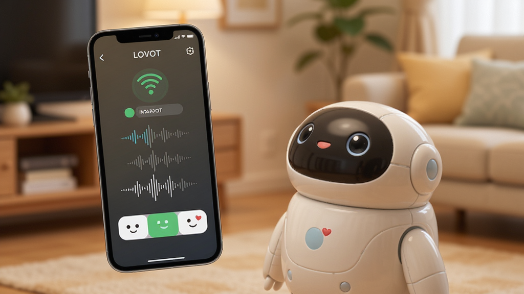 LOVOTӦ��Զ�̻������ܽ��棬�ֻ���Ļ��ʾ����������״̬�뻥����ť��������һֻ�ɰ���LOVOT�������ڼҾӳ�����̧ͷ�����ֻ����������ֻ�Ϊ���ģ������ܰ�Ƽ��У�ϸ�ڰ����ź�����ͼ�ꡢ�������κͱ��鷴�������廭�ʣ��ɾ���ˬ�޶���Ԫ��