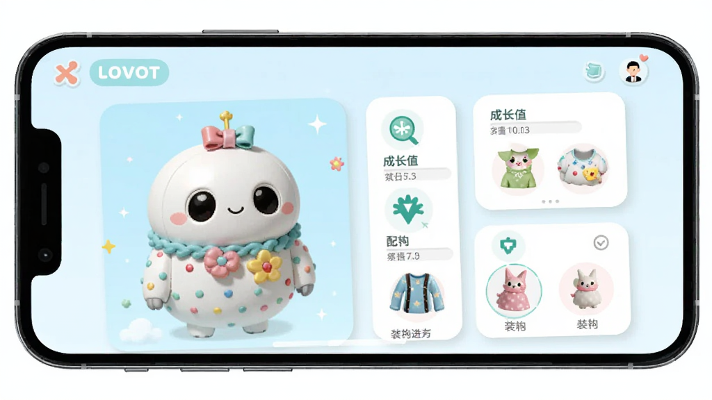 LOVOTӦ�ø��Ի����ɽ��棬�ֻ���Ļչʾ�����˳ɳ����Ⱥ�����ѡ�񣬻�����LOVOT�����������ͬװ�Σ�����Ϊ��Ƭʽ��Ϣչʾ�����ɰ����£�ϸ�ڰ����ɳ�ֵ������ͼ���װ��ѡ����廭�ʣ��ɾ��޶���Ԫ��