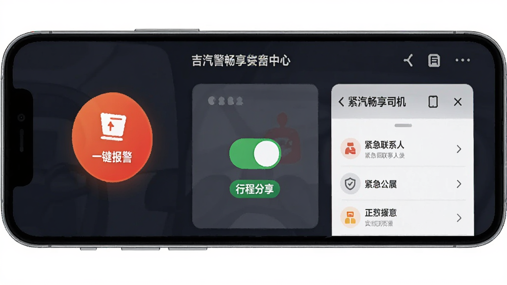 ��������˾���˰�ȫ���Ľ��棬�ֻ���Ļ��ʾһ��������ť���г̷������غͽ�����ϵ���б�������Ϊ��ɫ��ȫ���⣬ͼ����Ŀ�����ֺ����������������ɾ��޶���Ԫ��