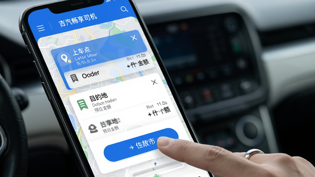 ��������˾���������ɵ����棬�ֻ���Ļ�ϵ������������Ƭ����ʾ�ϳ�����롢Ŀ�ĵغ�Ԥ����˾����ָ���������ť������Ϊ���е�·��ͼ��������ɫ���������࣬���ʸ��壬�ɾ��޶���Ԫ��