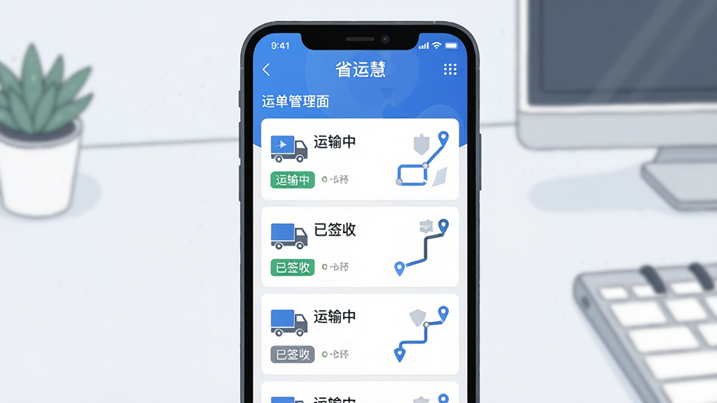 һ��չʾ��ʡ�˻ۡ�APP�˵���������Ľ�ͼ���廭���������ֻ���Ļ��ʾ�˵��б���ÿ���˵�����״̬��ǩ�硰�����С�����ǩ�ա����Ա��л���ͼ���·��ʾ��ͼ�������Ǽ��İ칫���滷��������������������ɫ�����׻�Ϊ��������������������Ԫ�ء�